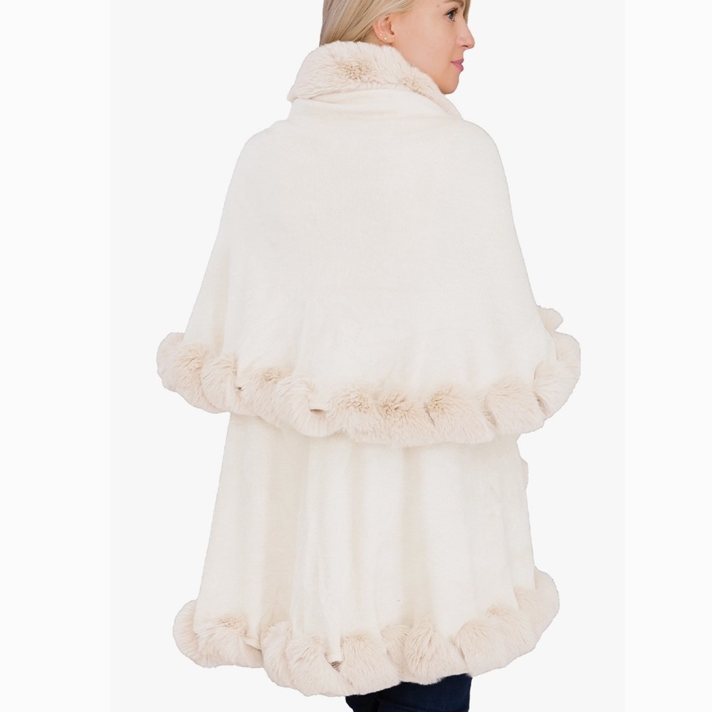 Luxury Beige Faux Fur Collared Cape Coat One Size - Picture 2 of 5
